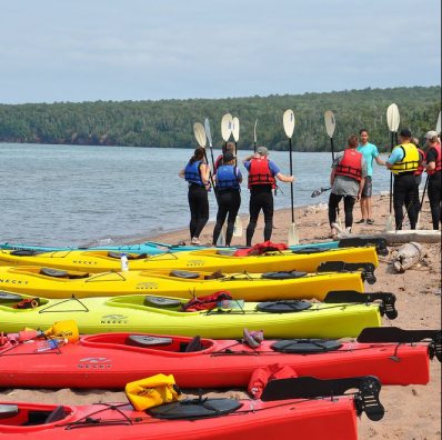 Sea kayaks on a Lake Superior beach